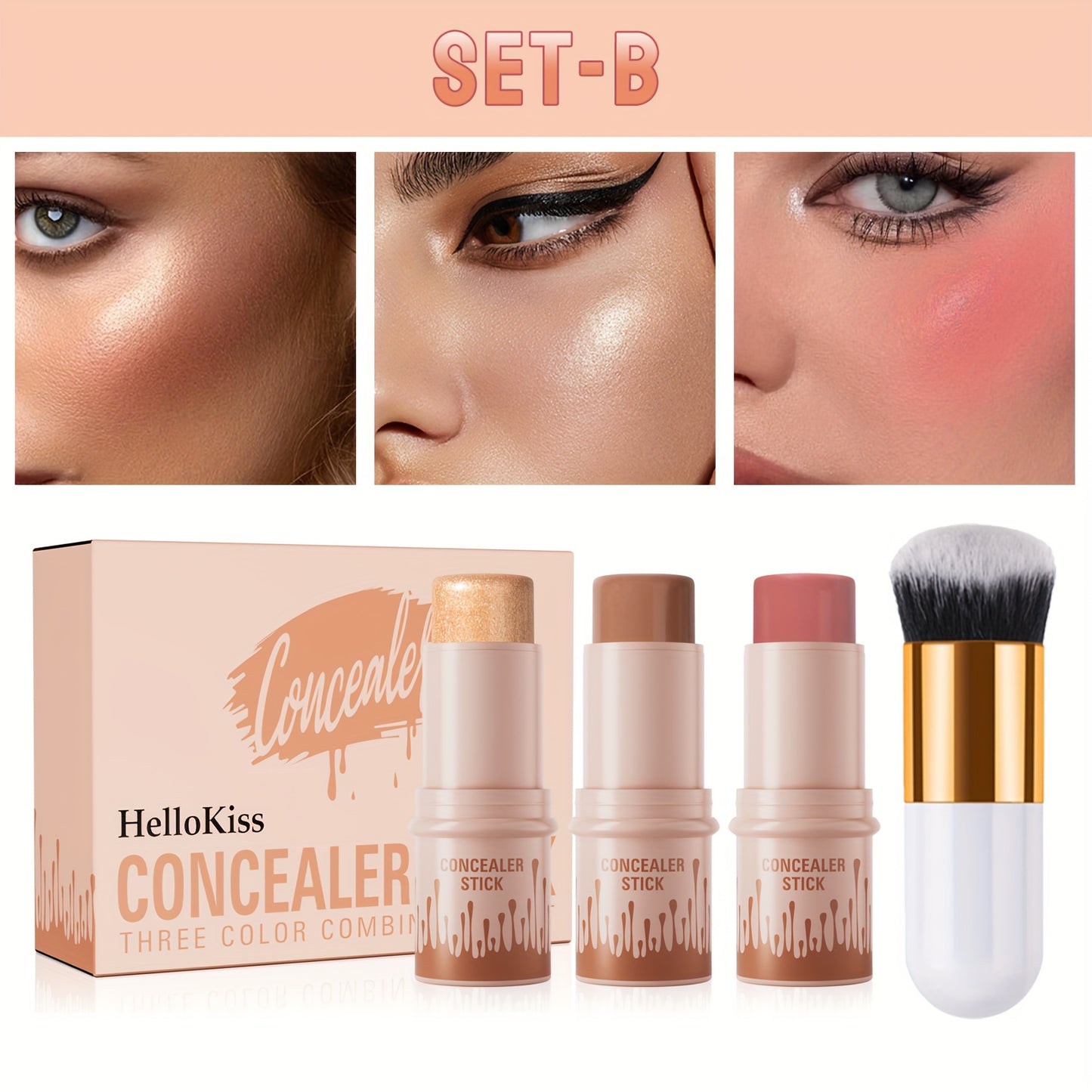 3pcs Concealer Stick Set with Makeup Brush – Highlighter, Bronzer & Blush for Easy Sculpting & Natural Glow, Waterproof Gift Set