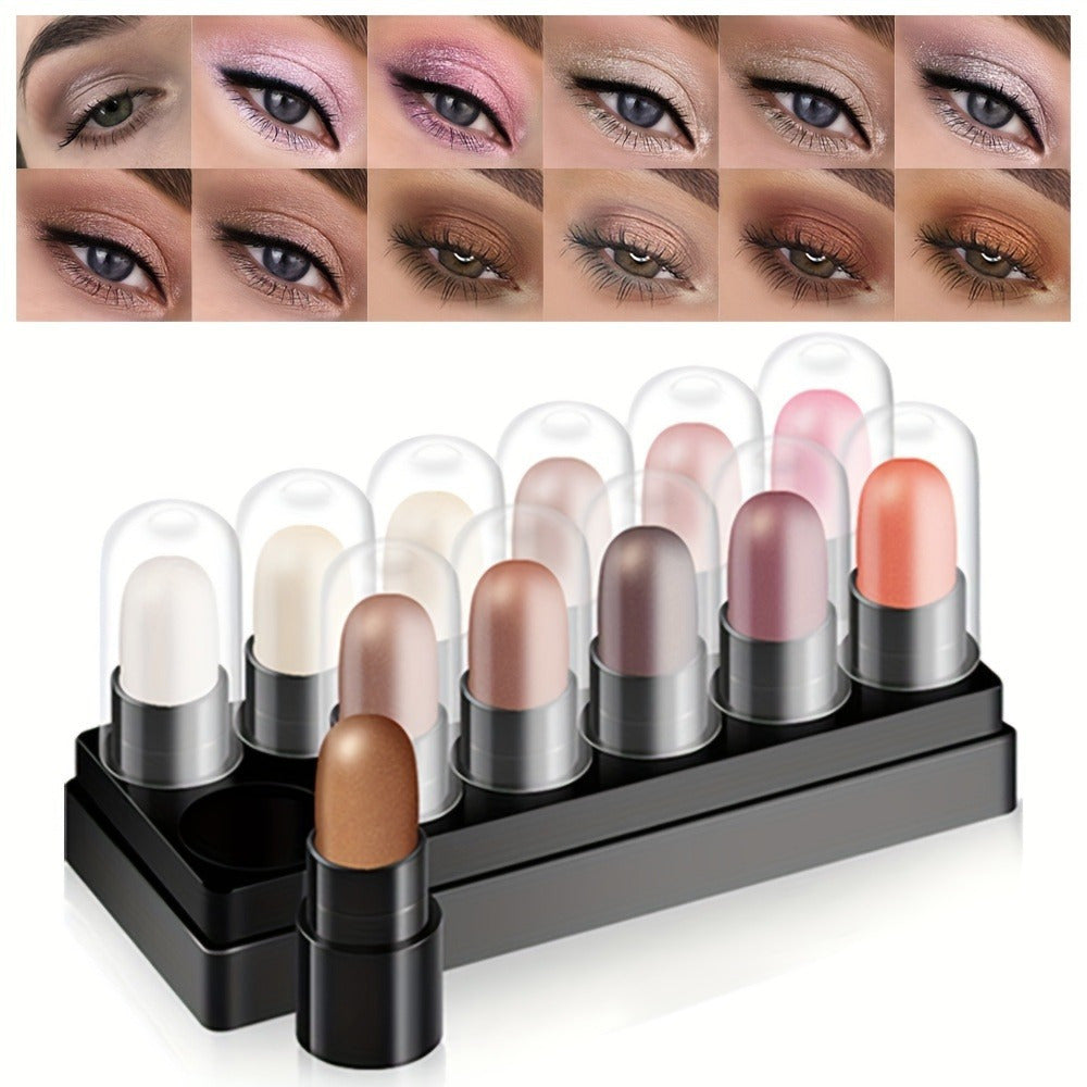 12-Color Waterproof Eyeshadow Stick Set – Shimmer, Glitter & Highlighter Pens
