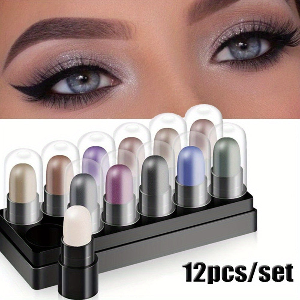 12-Color Waterproof Eyeshadow Stick Set – Shimmer, Glitter & Highlighter Pens