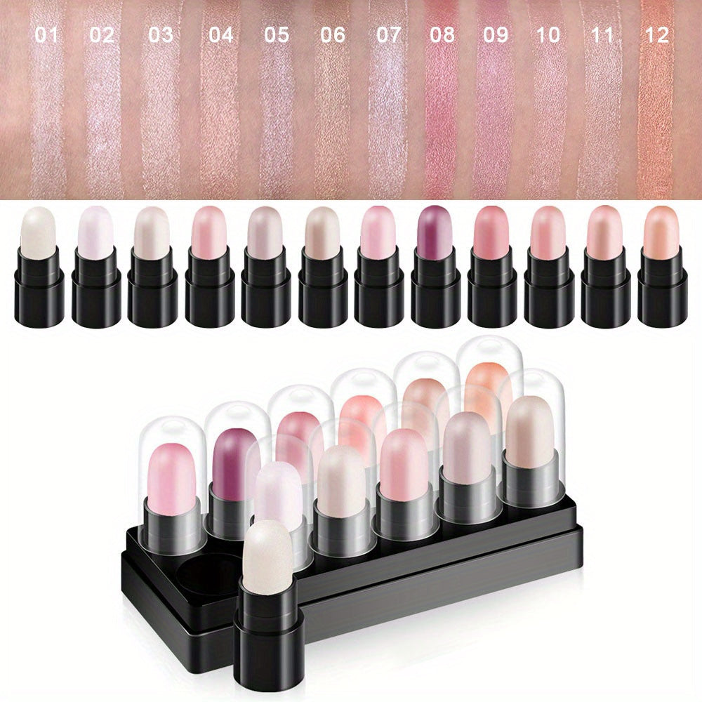 12-Color Waterproof Eyeshadow Stick Set – Shimmer, Glitter & Highlighter Pens
