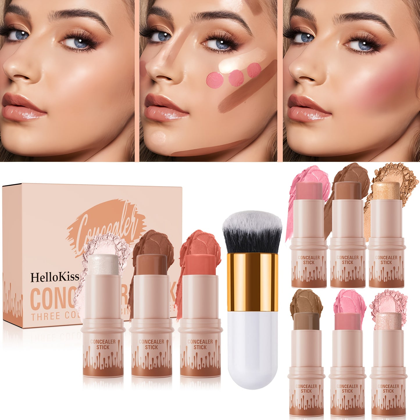 3pcs Concealer Stick Set with Makeup Brush – Highlighter, Bronzer & Blush for Easy Sculpting & Natural Glow, Waterproof Gift Set