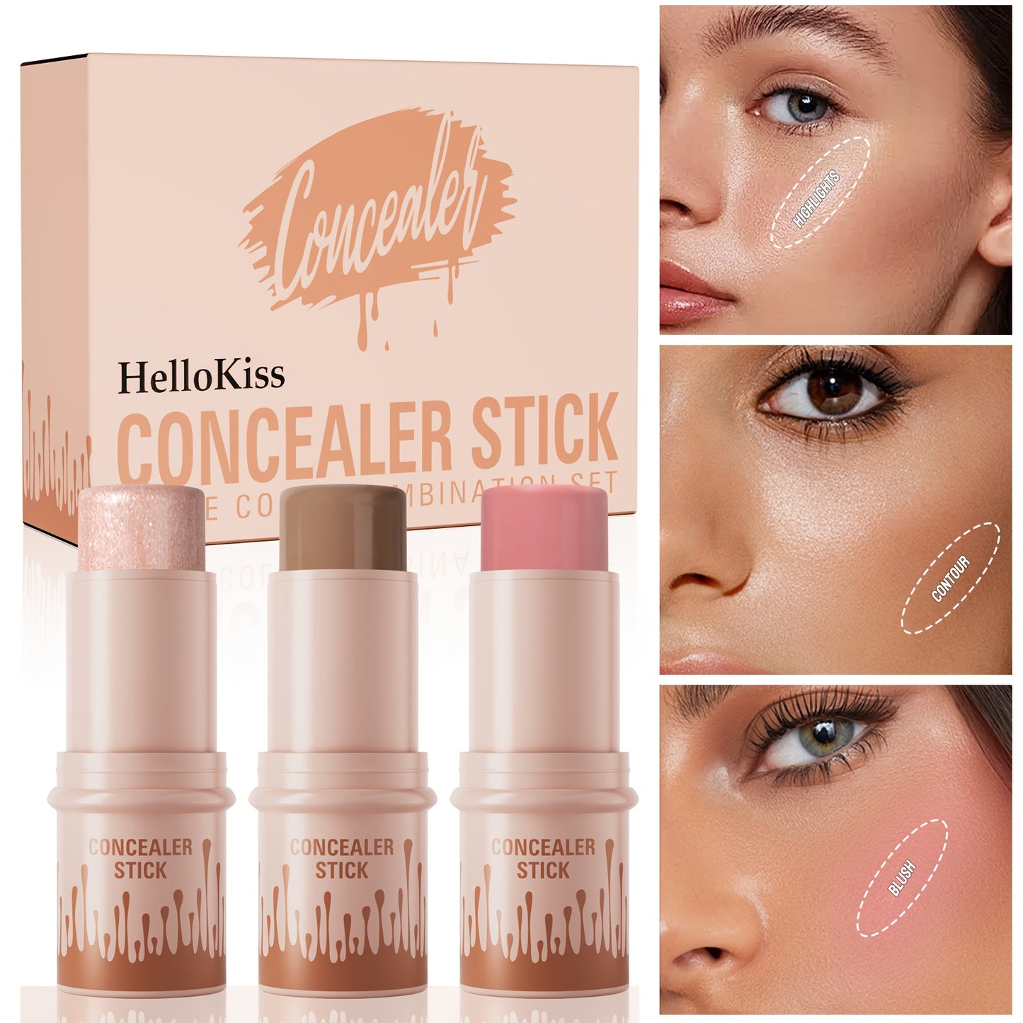 3pcs Concealer Stick Set with Makeup Brush – Highlighter, Bronzer & Blush for Easy Sculpting & Natural Glow, Waterproof Gift Set
