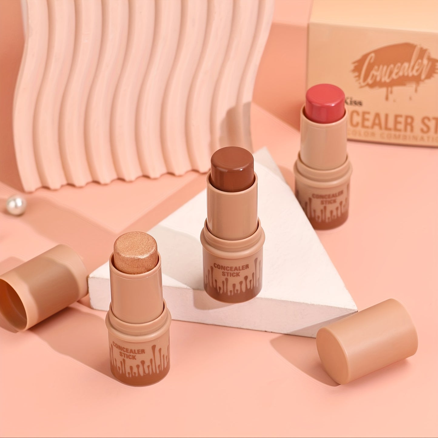 3pcs Concealer Stick Set with Makeup Brush – Highlighter, Bronzer & Blush for Easy Sculpting & Natural Glow, Waterproof Gift Set