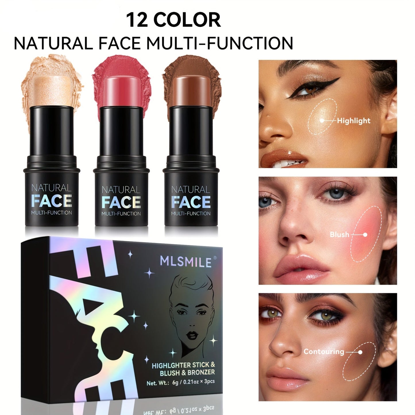 Waterproof Contour Stick Trio – Multi-Use Highlight, Concealer & Contour for Natural Definition