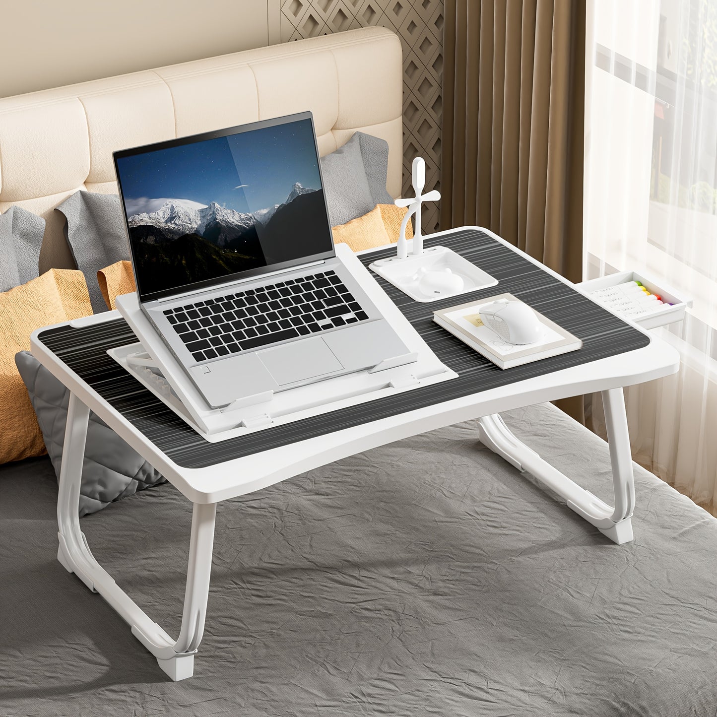 Ultra-Large Portable Laptop Bed Table – Multi-Functional Tray with Cup Holder, Drawer, USB Port, Fan & Light