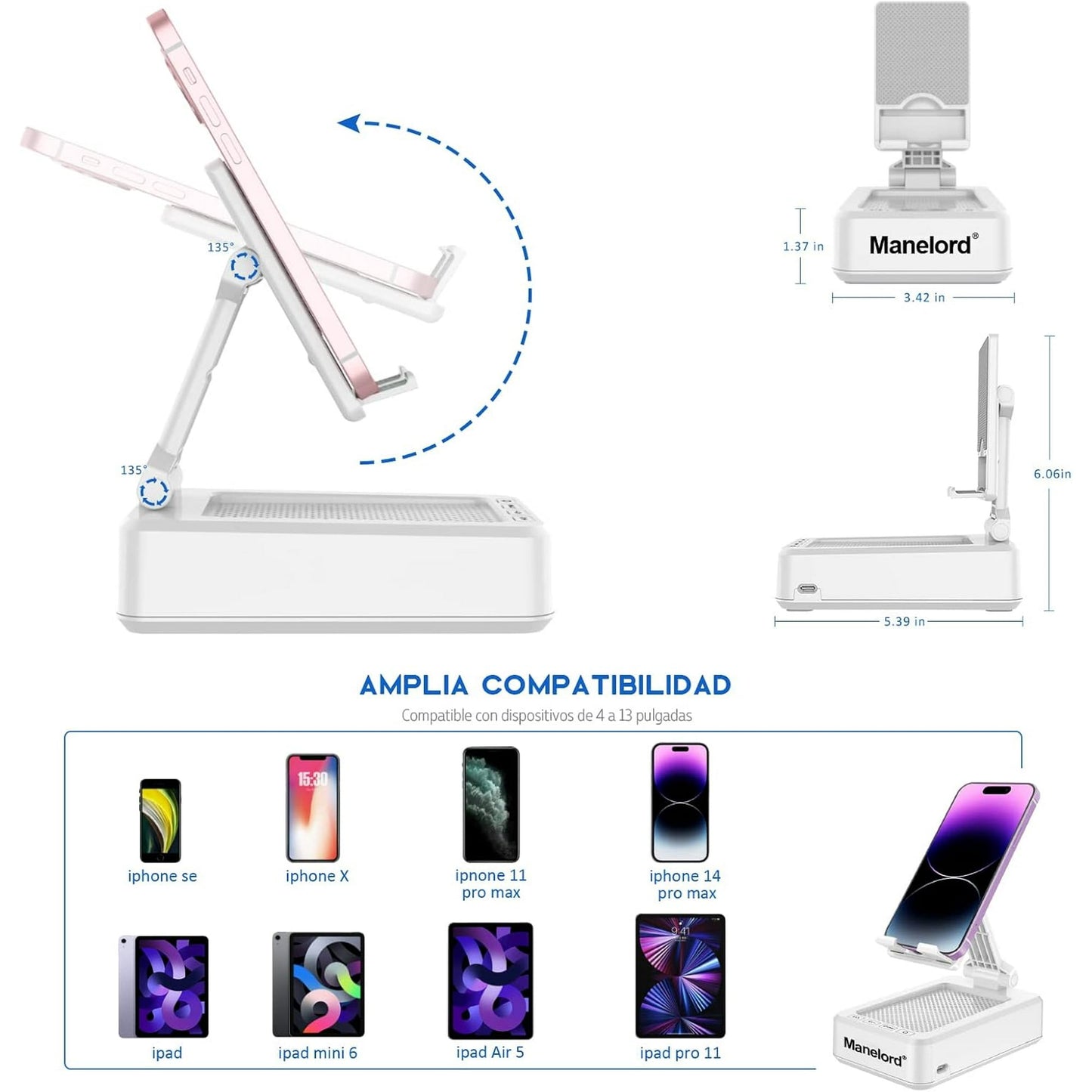 Cell Phone Stand with Wireless Bluetooth Speaker Compatible for iPhone/Samsung/iPad Tablet, Anti-Slip Design Phone Stand with HD Surround Sound for Home, Office, Outdoor