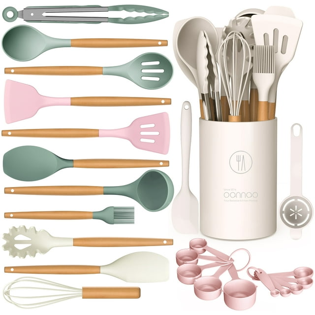 Kitchen Utensils for Cooking Wooden Handles, 446°F Heat Resistant Kitchen Utensil Spatula Sets w Holder, Gadgets for Non-Stick Cookware