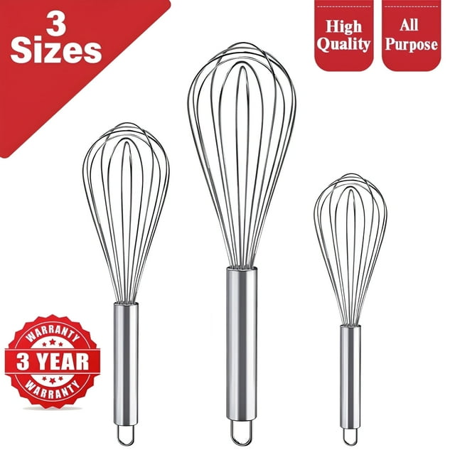 Silicone Wire Whisk, Egg Beater, 3 Sizes, for Blending, Whisking, Beating, Frothing, Stirring