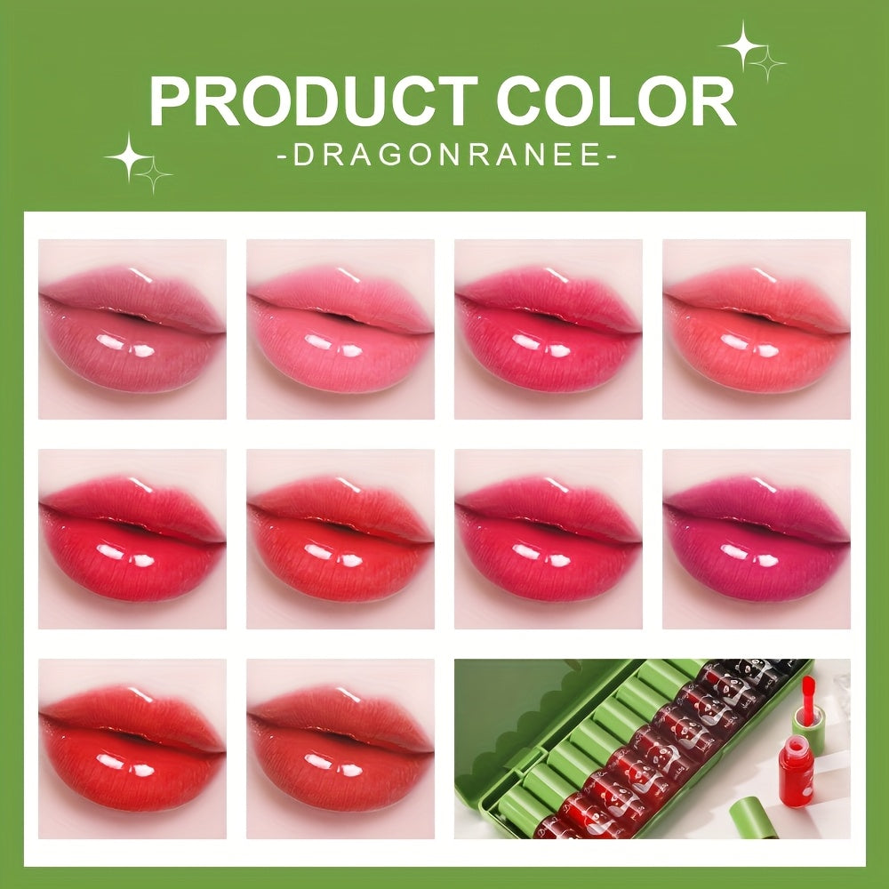 10-Piece Mini Lip Gloss Set – Green Lipstick Gift Box with Nourishing, Long-Lasting, Moisturizing Lip Colors, Glosses & Stains – Mirror-Like Finish