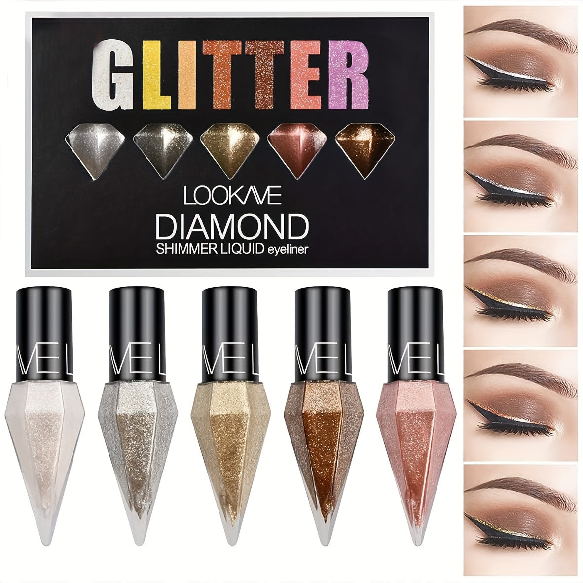 5-Piece Pearl & Diamond Liquid Eyeliner Set – Sparkling Eyeshadow Cream with Sequins, Ultra-Fine Brush, and Shimmer Highlighter