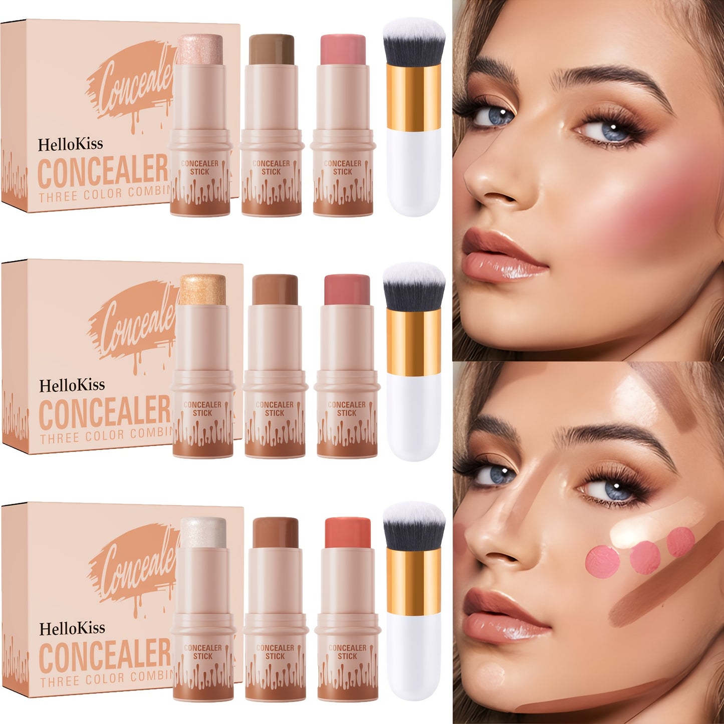 3pcs Concealer Stick Set with Makeup Brush – Highlighter, Bronzer & Blush for Easy Sculpting & Natural Glow, Waterproof Gift Set