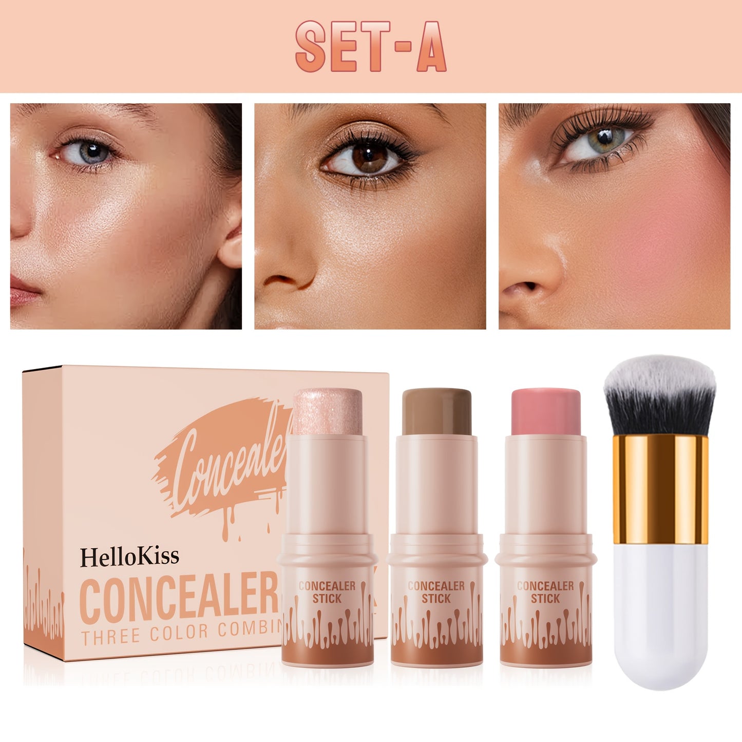3pcs Concealer Stick Set with Makeup Brush – Highlighter, Bronzer & Blush for Easy Sculpting & Natural Glow, Waterproof Gift Set