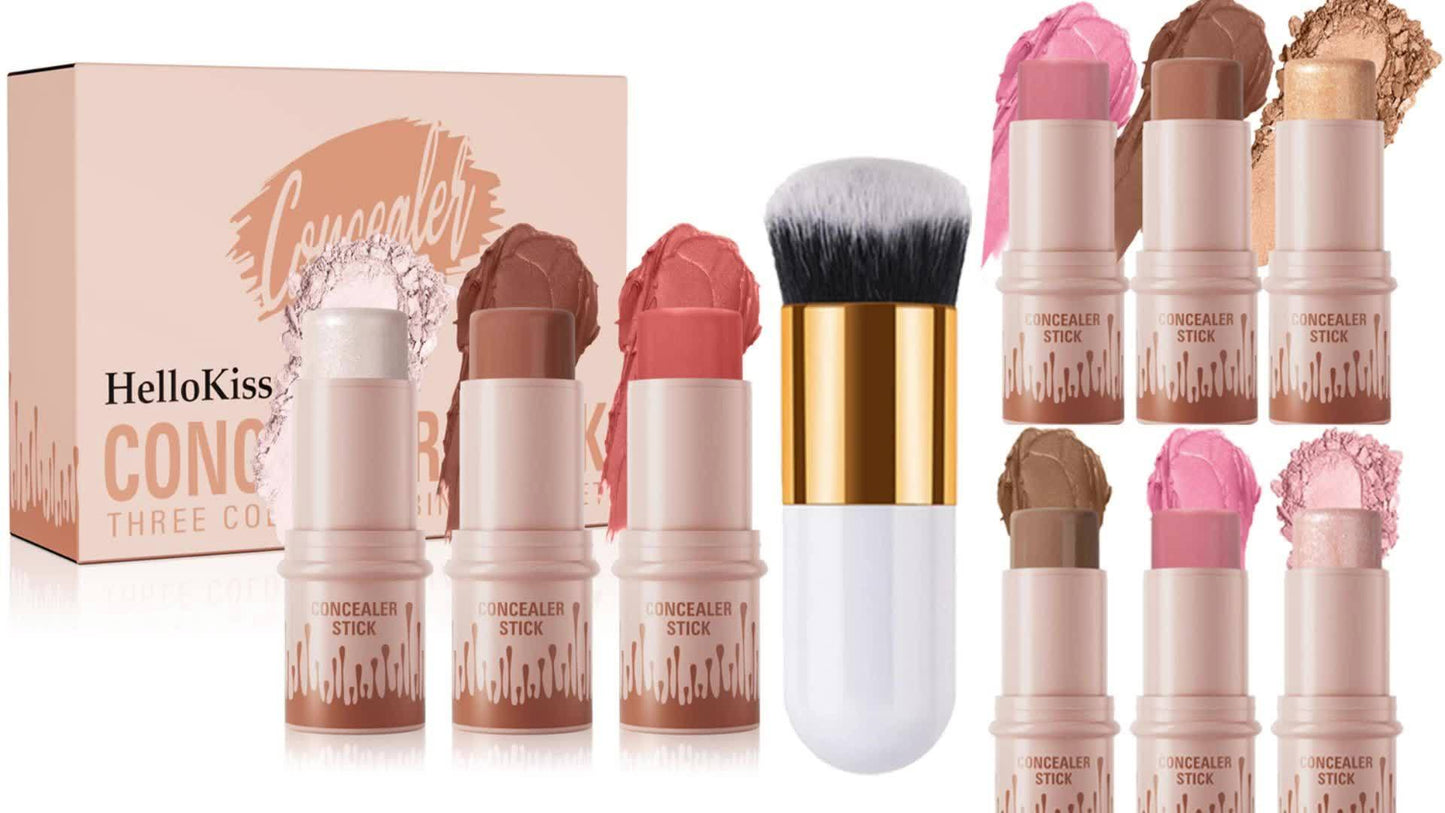 3pcs Concealer Stick Set with Makeup Brush – Highlighter, Bronzer & Blush for Easy Sculpting & Natural Glow, Waterproof Gift Set