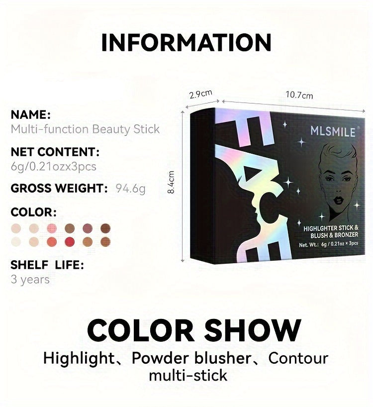 Waterproof Contour Stick Trio – Multi-Use Highlight, Concealer & Contour for Natural Definition