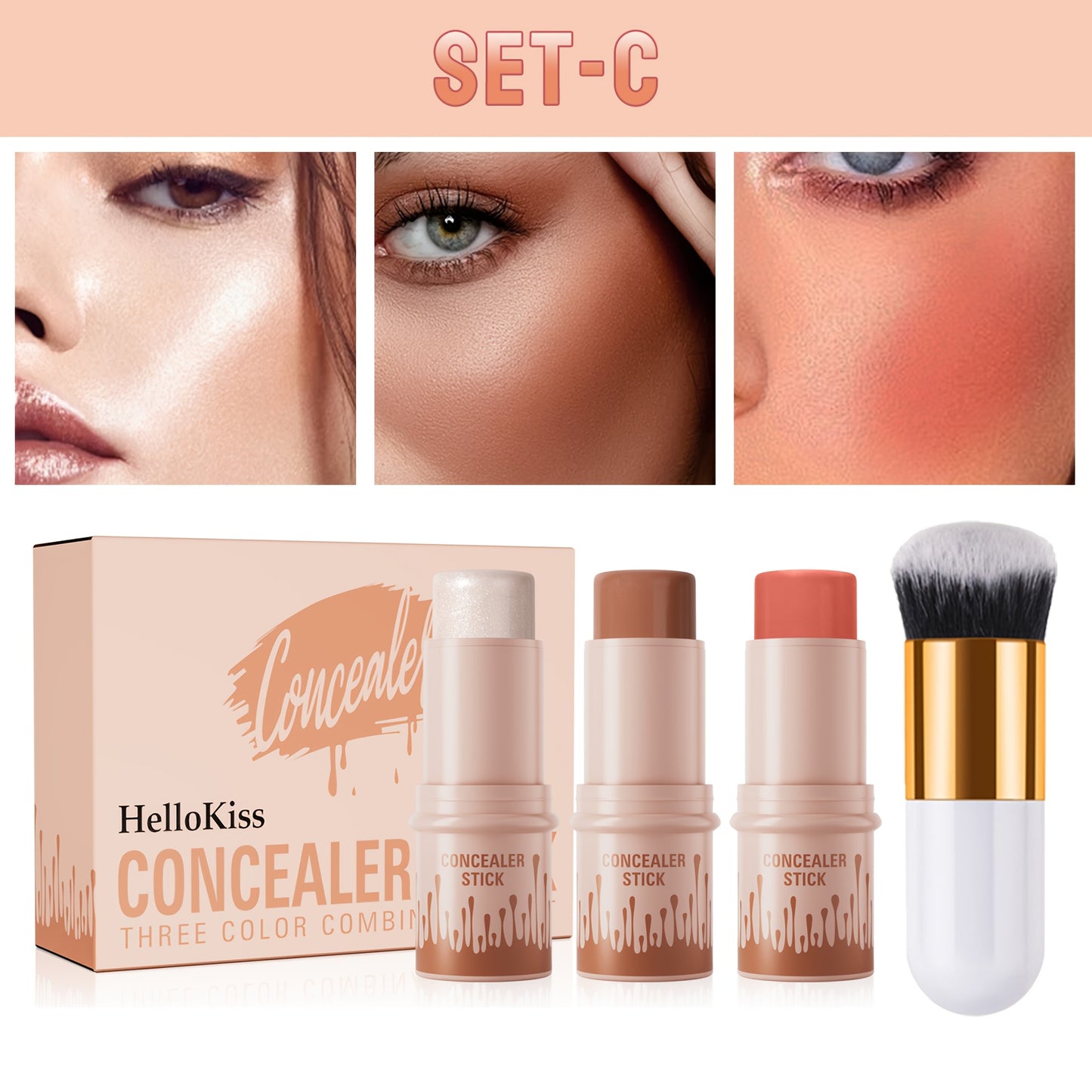3pcs Concealer Stick Set with Makeup Brush – Highlighter, Bronzer & Blush for Easy Sculpting & Natural Glow, Waterproof Gift Set