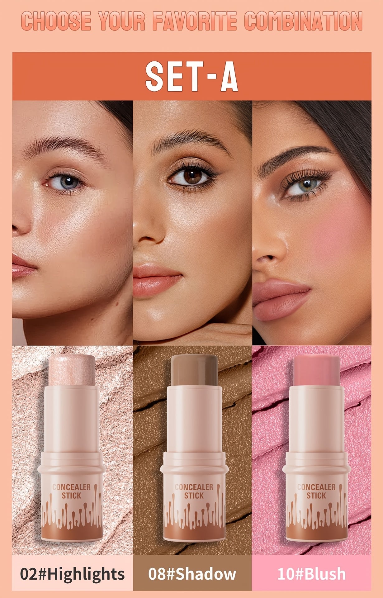 3pcs Concealer Stick Set with Makeup Brush – Highlighter, Bronzer & Blush for Easy Sculpting & Natural Glow, Waterproof Gift Set