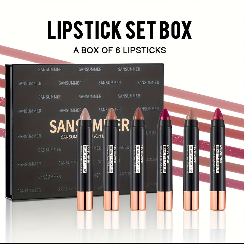 Waterproof Lipstick Gift Set – 6-Pieces Matte Velvet Crayon Lipsticks Eye Shadow Blush – Long-Lasting, Rich Color