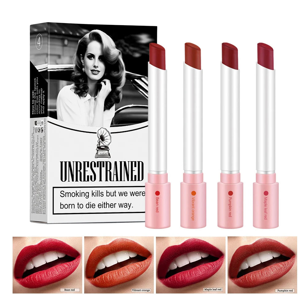 4-Piece Cigarette Lipstick Set – Matte Velvet Finish, Waterproof & Smudge-Proof Lip Gloss for Bold, Lasting Color