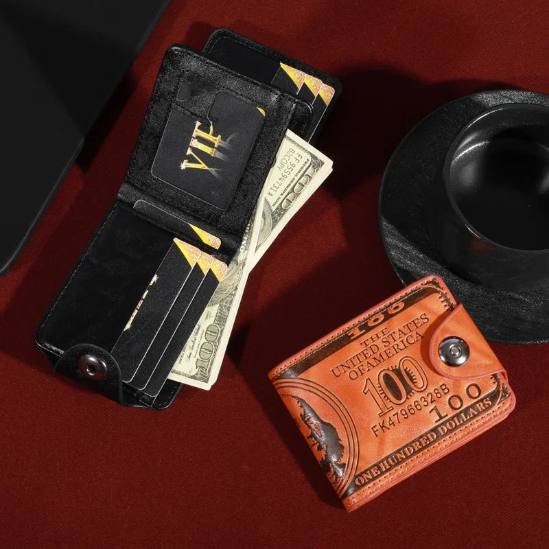 Men’s Faux Leather Wallet with 100 Dollar Bill Design – Bifold Style with Card Slots & ID Window