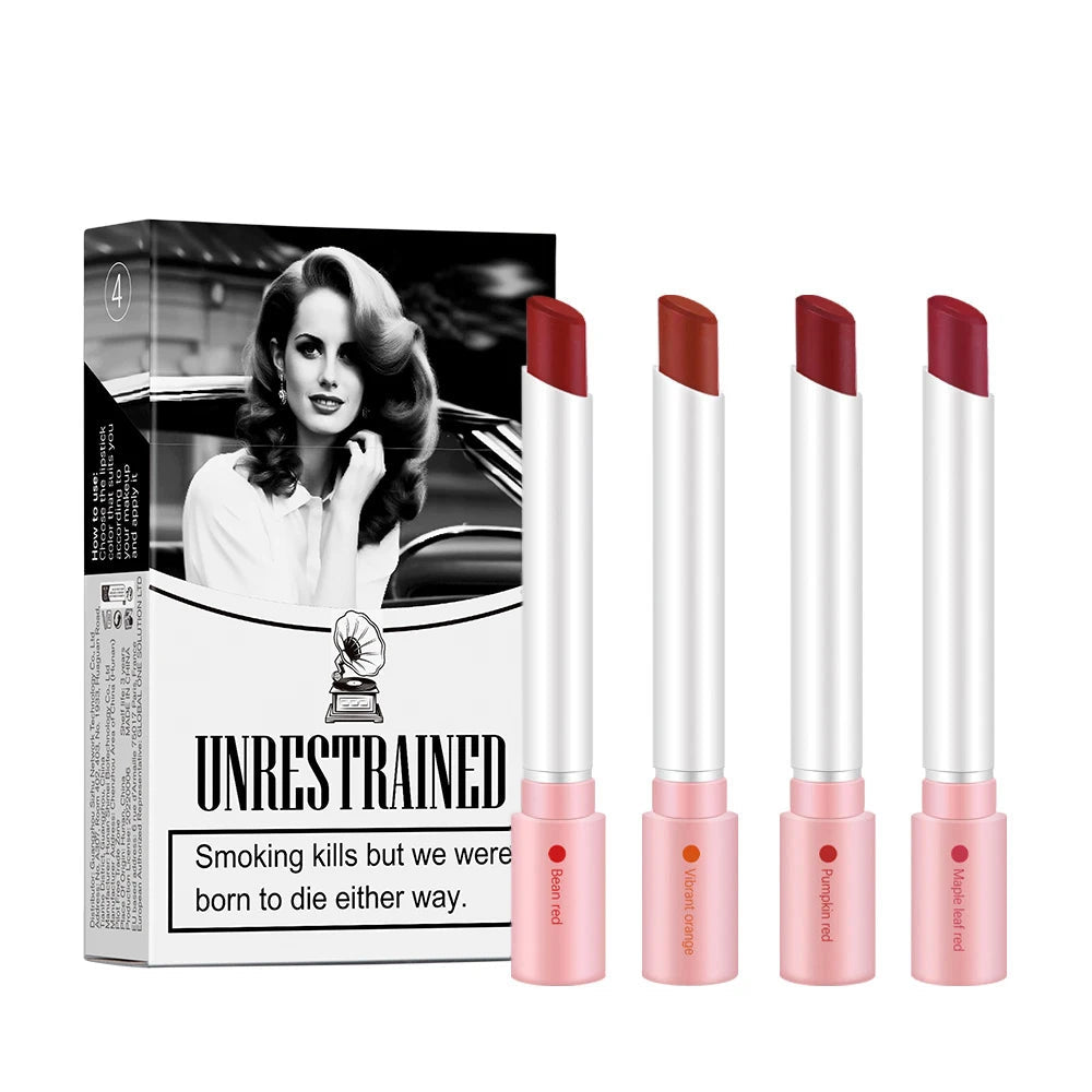 4-Piece Cigarette Lipstick Set – Matte Velvet Finish, Waterproof & Smudge-Proof Lip Gloss for Bold, Lasting Color