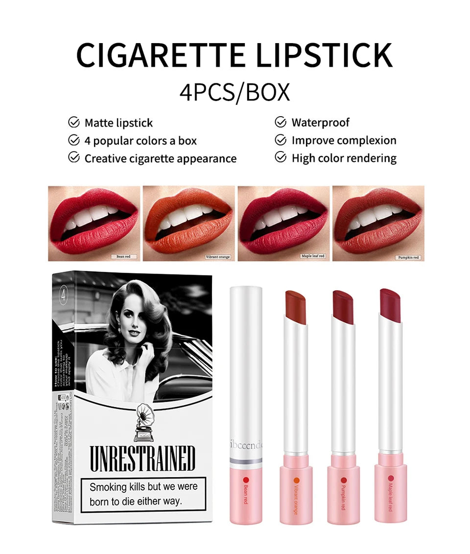 4-Piece Cigarette Lipstick Set – Matte Velvet Finish, Waterproof & Smudge-Proof Lip Gloss for Bold, Lasting Color