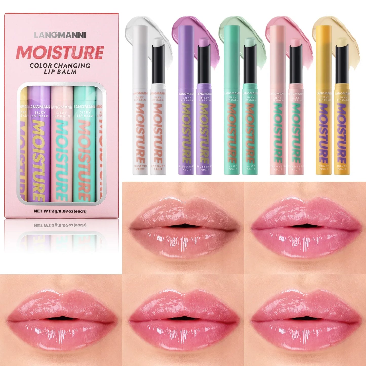 Color-Changing Lip Balm Set – 5 Hydrating Sticks with Aloe, Coconut, Strawberry & Honey Extracts
