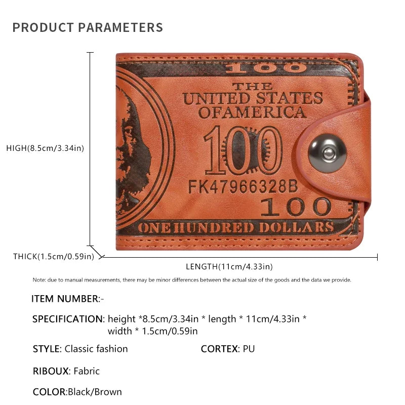 Men’s Faux Leather Wallet with 100 Dollar Bill Design – Bifold Style with Card Slots & ID Window