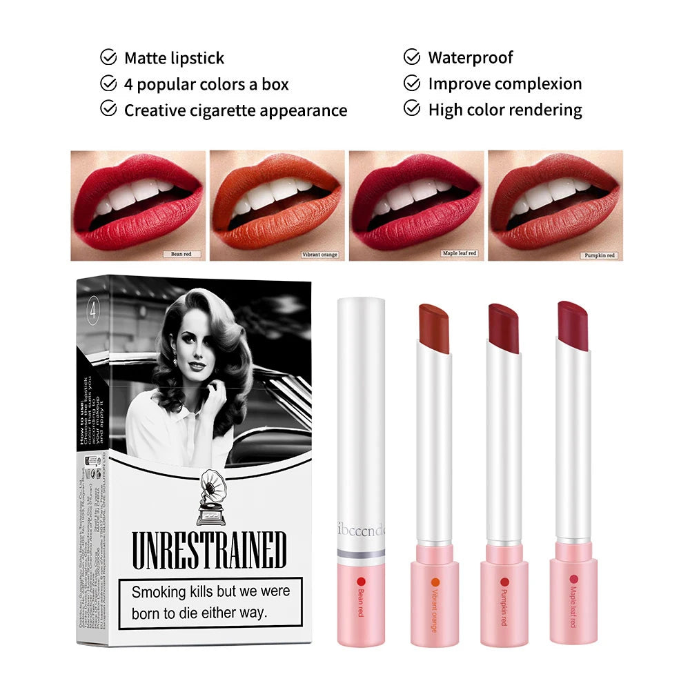 4-Piece Cigarette Lipstick Set – Matte Velvet Finish, Waterproof & Smudge-Proof Lip Gloss for Bold, Lasting Color