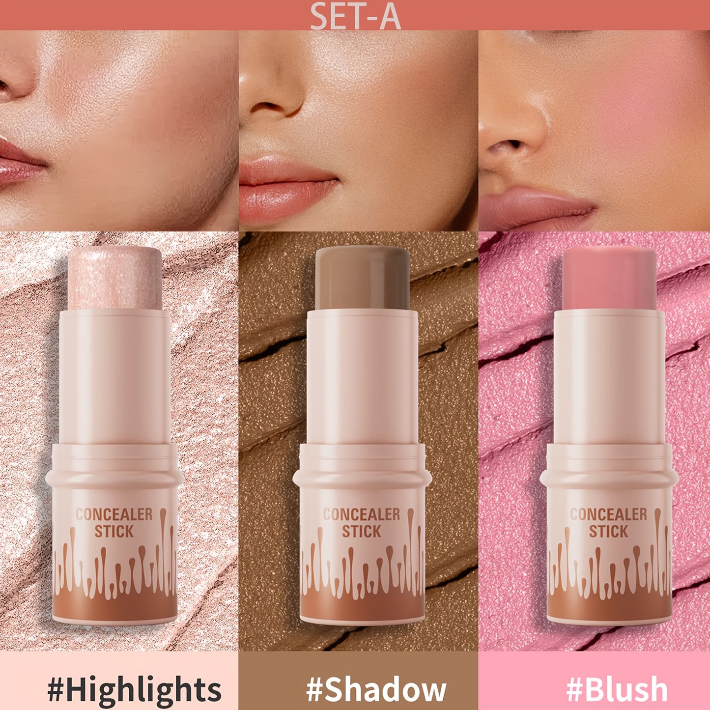 3pcs Concealer Stick Set with Makeup Brush – Highlighter, Bronzer & Blush for Easy Sculpting & Natural Glow, Waterproof Gift Set