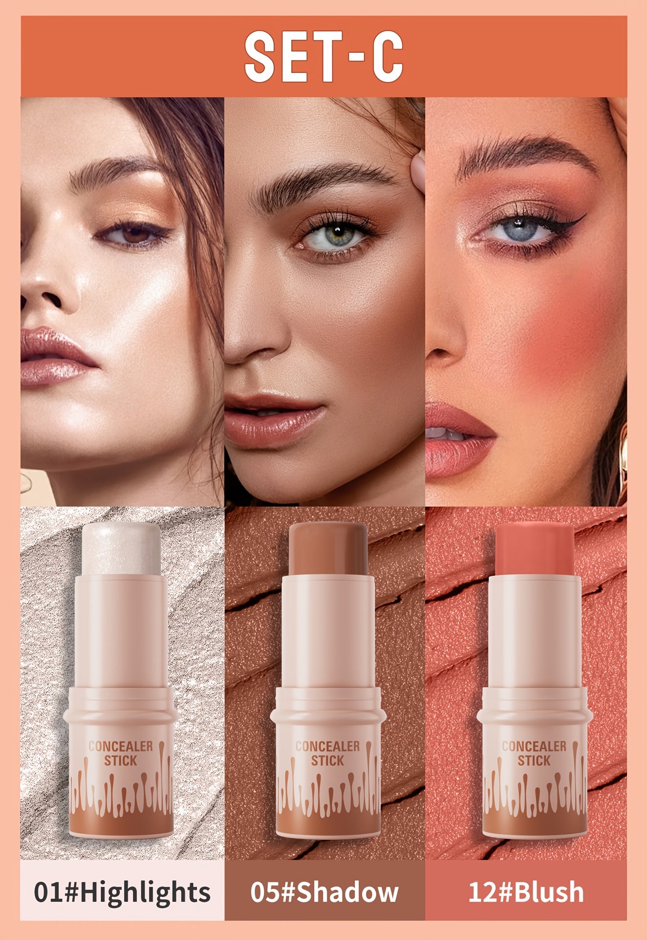 3pcs Concealer Stick Set with Makeup Brush – Highlighter, Bronzer & Blush for Easy Sculpting & Natural Glow, Waterproof Gift Set