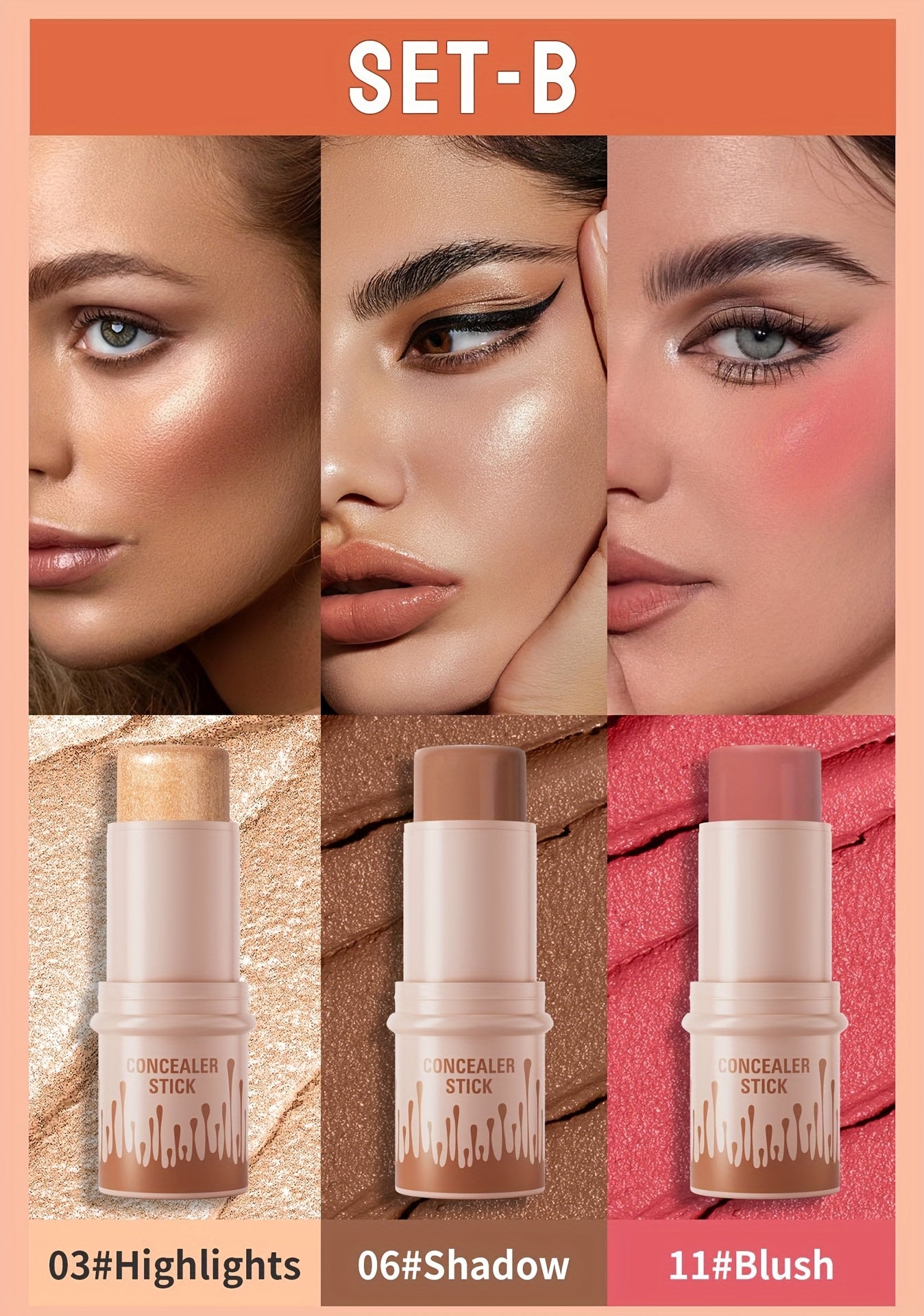 3pcs Concealer Stick Set with Makeup Brush – Highlighter, Bronzer & Blush for Easy Sculpting & Natural Glow, Waterproof Gift Set