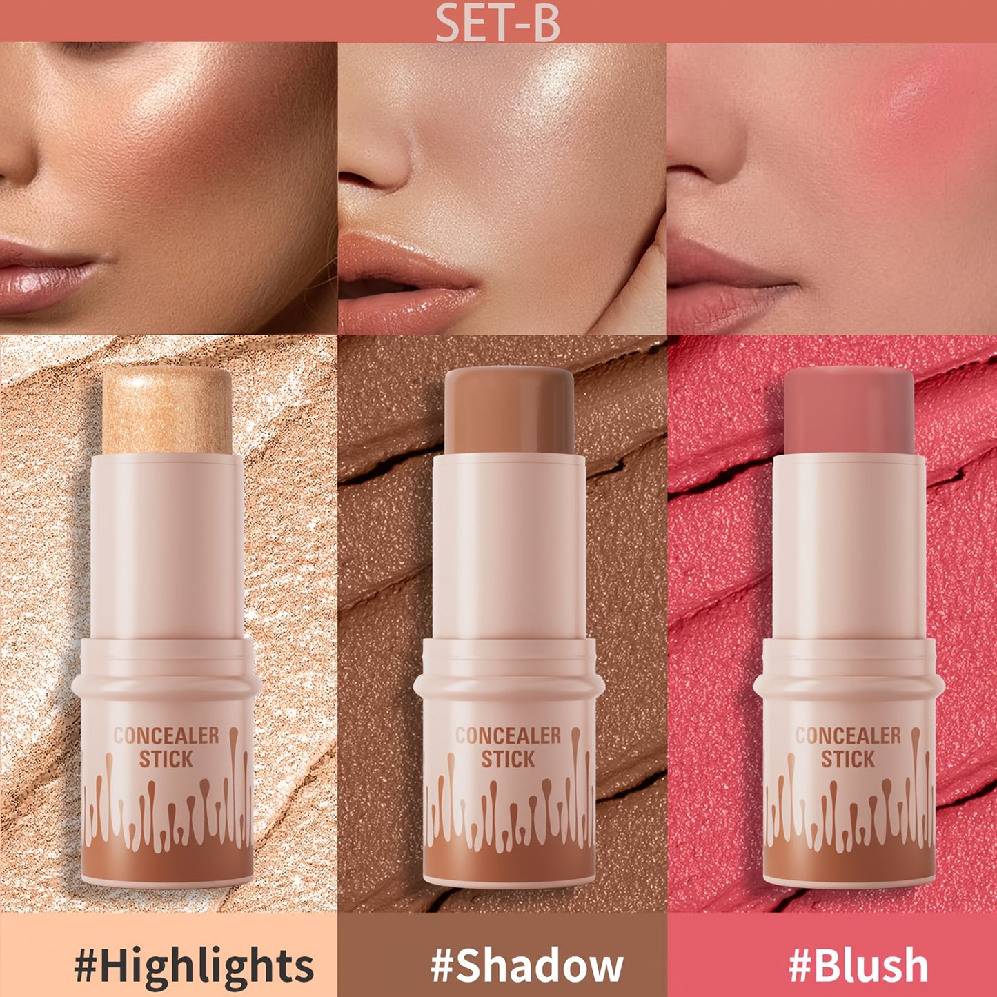 3pcs Concealer Stick Set with Makeup Brush – Highlighter, Bronzer & Blush for Easy Sculpting & Natural Glow, Waterproof Gift Set