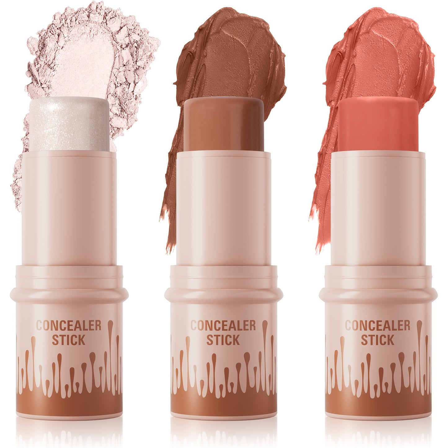 3pcs Concealer Stick Set with Makeup Brush – Highlighter, Bronzer & Blush for Easy Sculpting & Natural Glow, Waterproof Gift Set