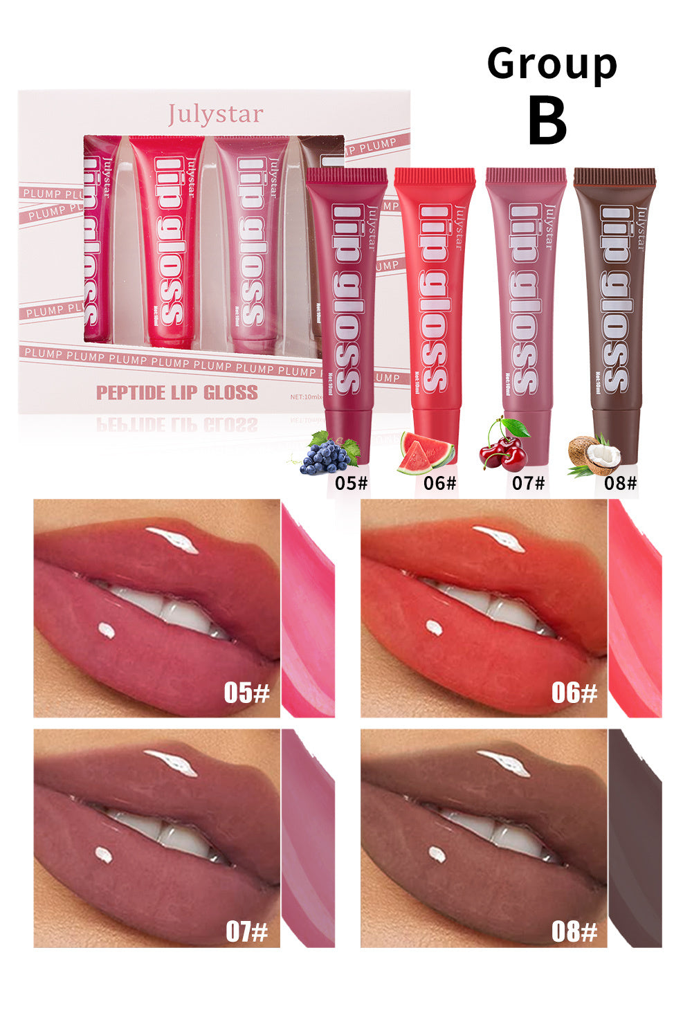 4pcs Lip Gloss Set – 8 Fruity Flavors, Hydrating & Non-Sticky, Long-Lasting Shine for Smooth, Glossy Lips