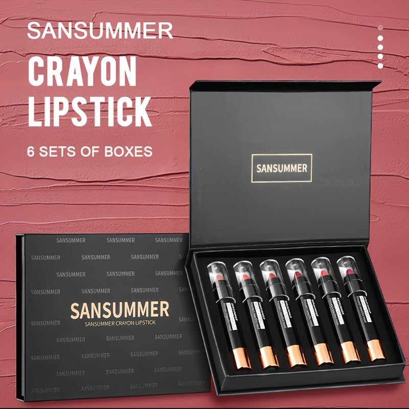 Waterproof Lipstick Gift Set – 6-Pieces Matte Velvet Crayon Lipsticks Eye Shadow Blush – Long-Lasting, Rich Color