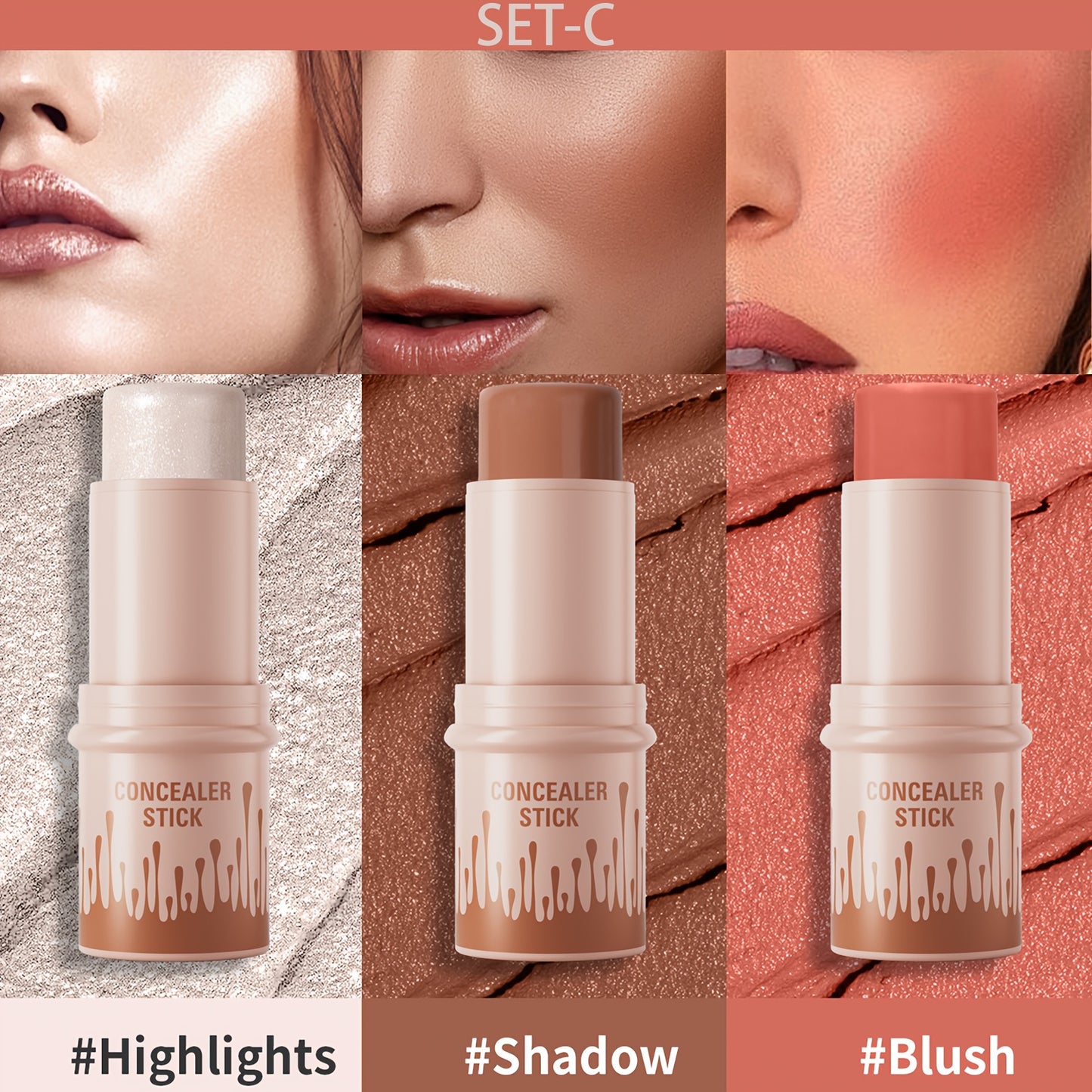 3pcs Concealer Stick Set with Makeup Brush – Highlighter, Bronzer & Blush for Easy Sculpting & Natural Glow, Waterproof Gift Set