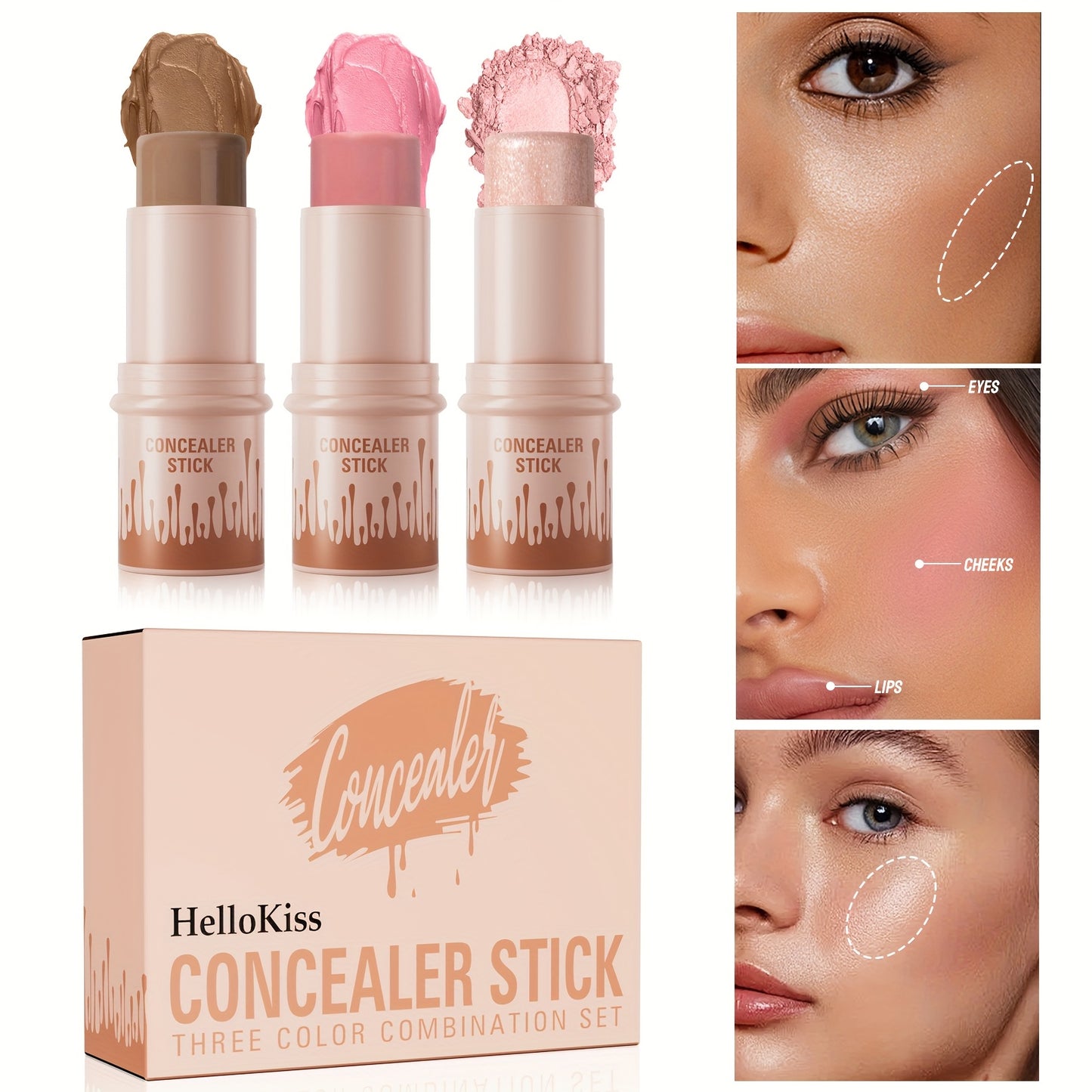 3pcs Concealer Stick Set with Makeup Brush – Highlighter, Bronzer & Blush for Easy Sculpting & Natural Glow, Waterproof Gift Set