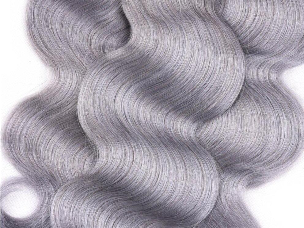 Gray 10A Grade Silver #1B/ Silver  3/4 Body Wave BUNDLES with CLOSURES