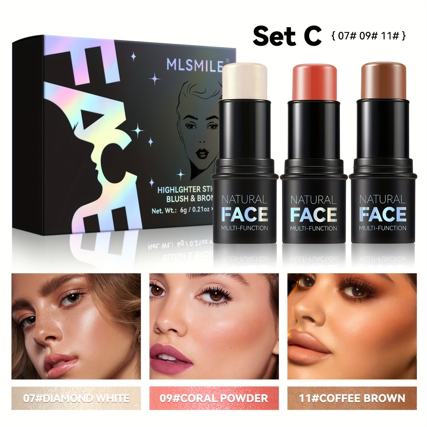 Waterproof Contour Stick Trio – Multi-Use Highlight, Concealer & Contour for Natural Definition