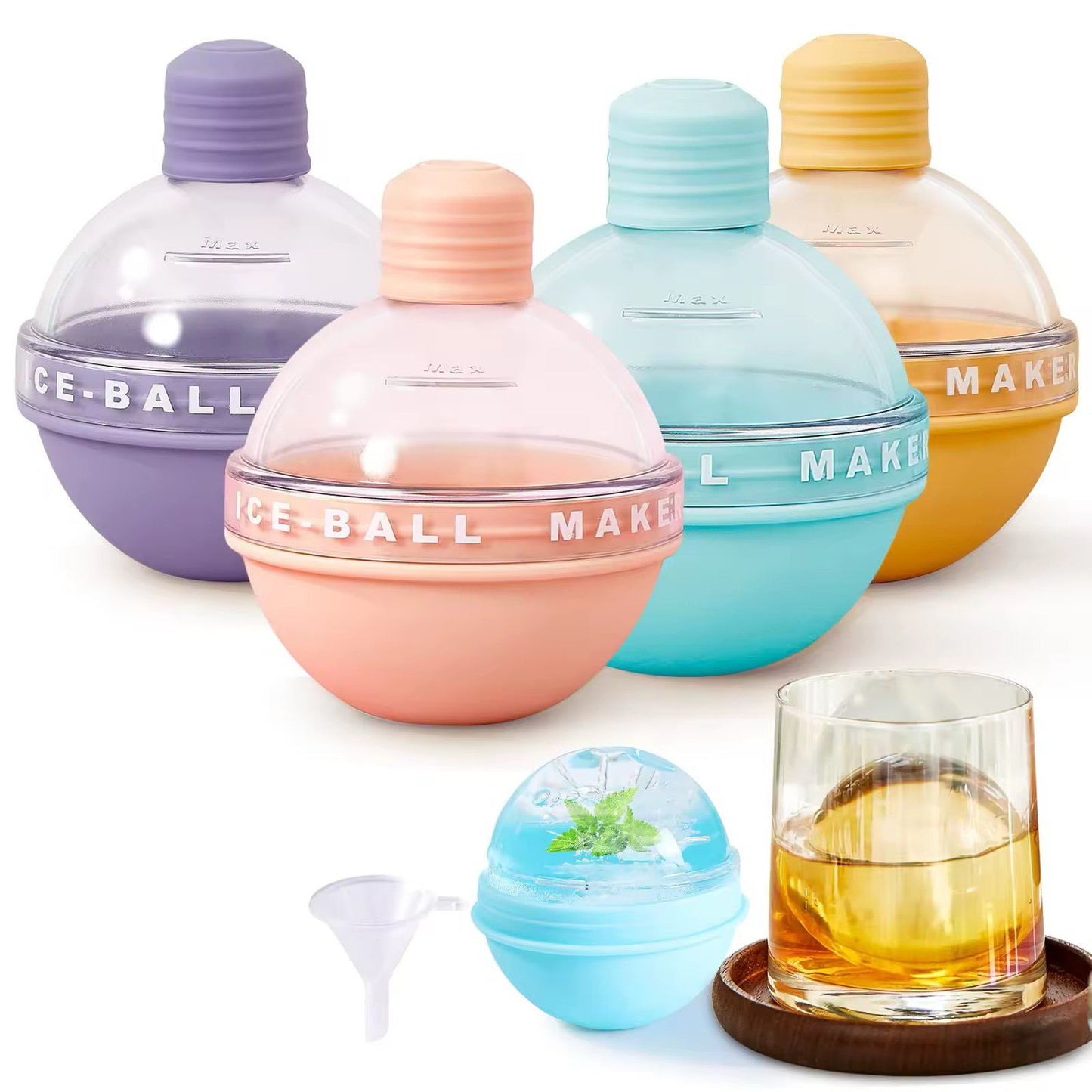 Set of 4 Silicone Ice Ball Molds – 2.5-Inch Round Ice Sphere Molds for Whiskey & Cocktails Reusable Kitchen Bar Accessories