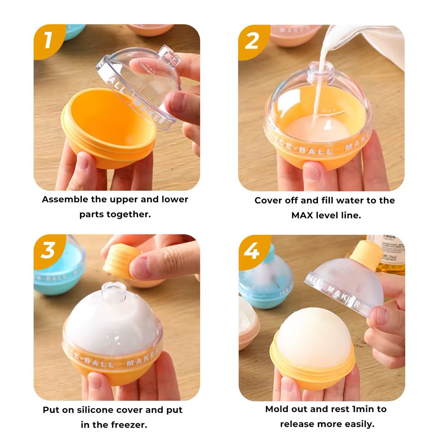 Set of 4 Silicone Ice Ball Molds – 2.5-Inch Round Ice Sphere Molds for Whiskey & Cocktails Reusable Kitchen Bar Accessories