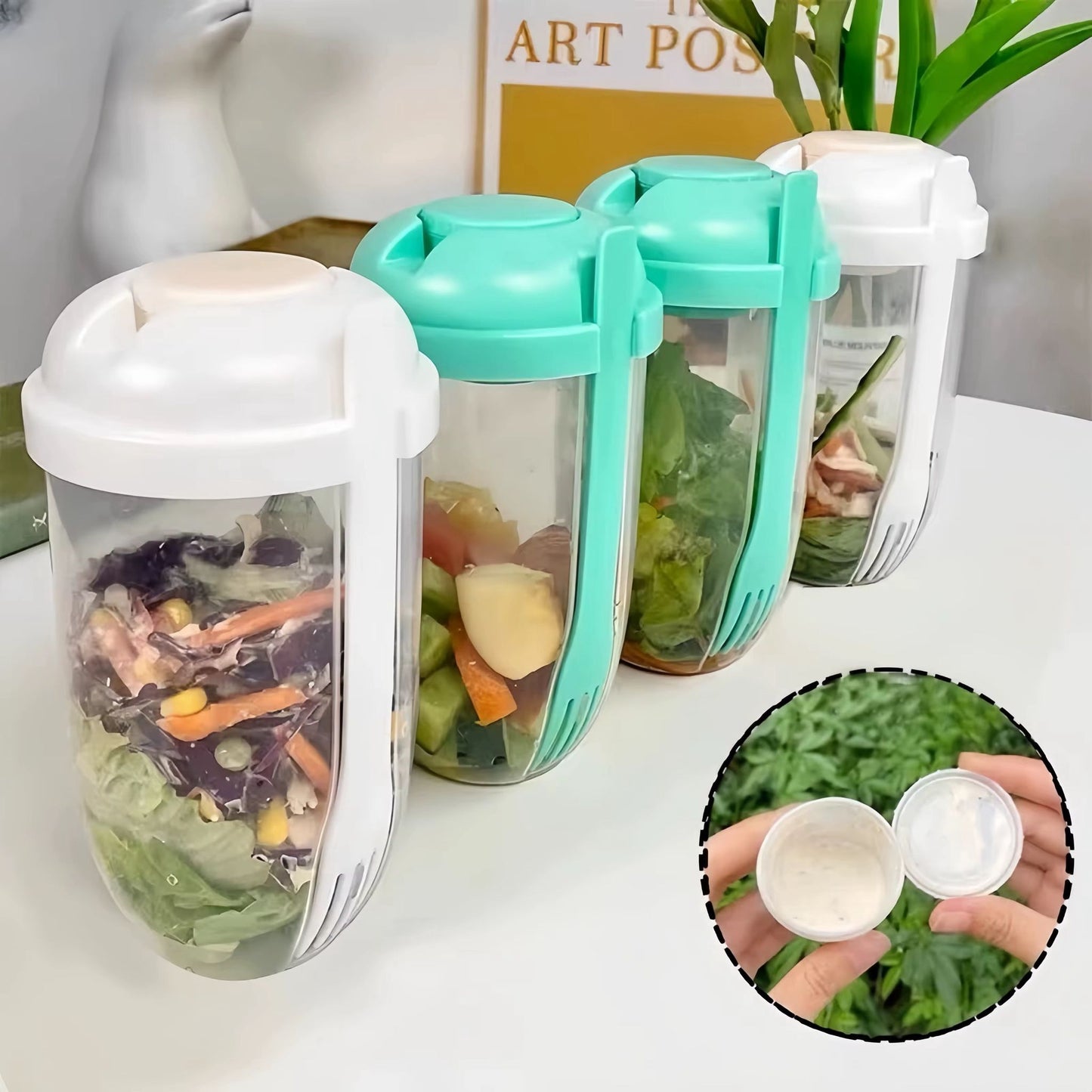 3 in 1 Salad Shaker Container, Cup and Fork – 1000ml Portable Salad Container with Dressing Compartment – Perfect for Lunch, Picnics & Back-to-School Meals
