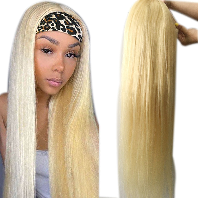 Straight 1B/613 Headband Human Hair Wigs For Black Women Blonde Scarf