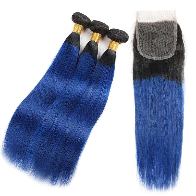 1b blue straight human hair bundles and closure