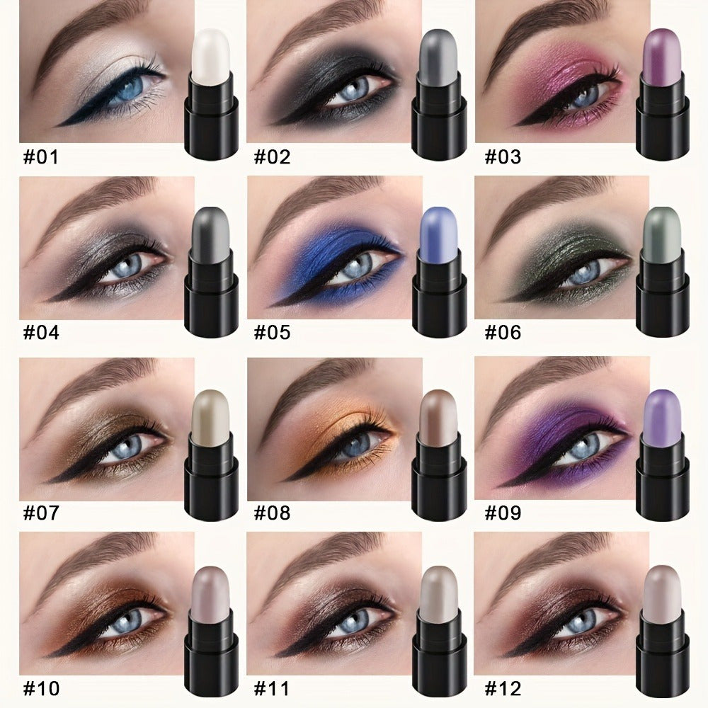 12-Color Waterproof Eyeshadow Stick Set – Shimmer, Glitter & Highlighter Pens