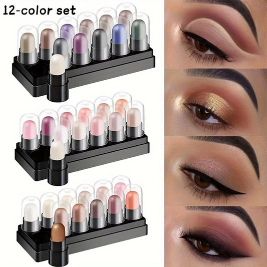 12-Color Waterproof Eyeshadow Stick Set – Shimmer, Glitter & Highlighter Pens