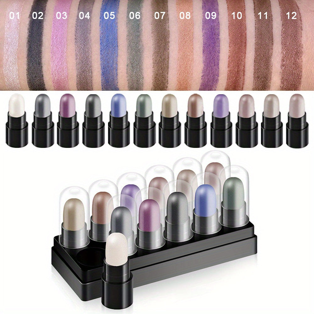 12-Color Waterproof Eyeshadow Stick Set – Shimmer, Glitter & Highlighter Pens
