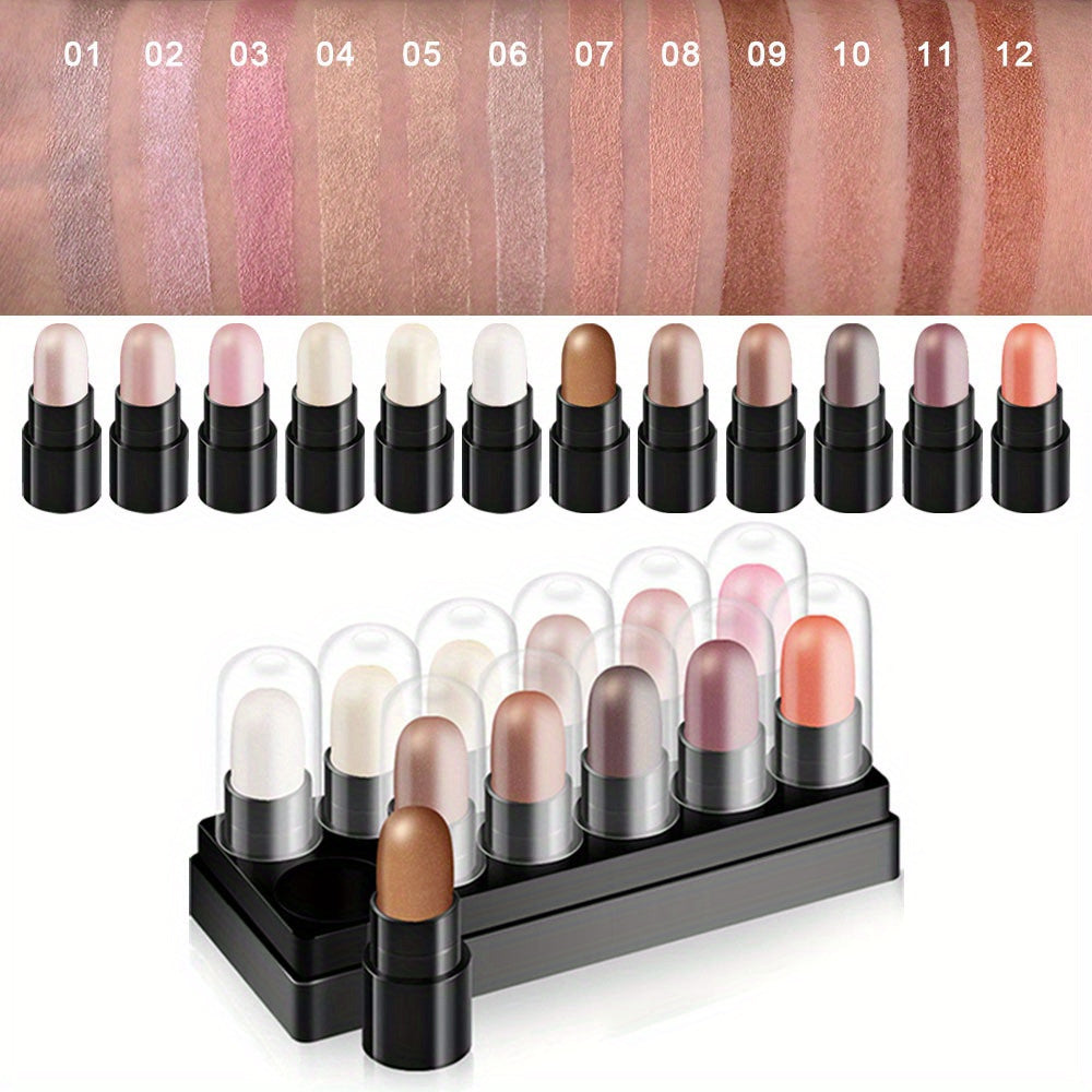 12-Color Waterproof Eyeshadow Stick Set – Shimmer, Glitter & Highlighter Pens