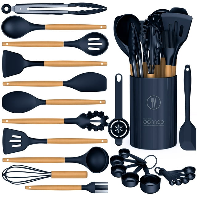 Kitchen Utensils for Cooking Wooden Handles, 446°F Heat Resistant Kitchen Utensil Spatula Sets w Holder, Gadgets for Non-Stick Cookware