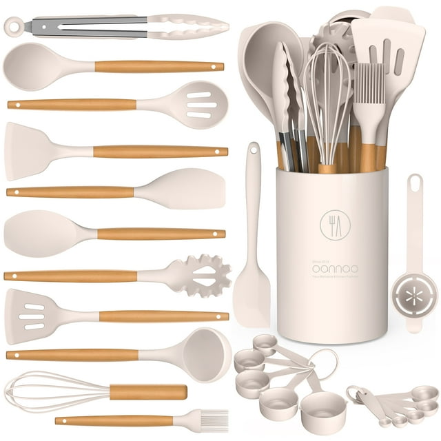 Kitchen Utensils for Cooking Wooden Handles, 446°F Heat Resistant Kitchen Utensil Spatula Sets w Holder, Gadgets for Non-Stick Cookware